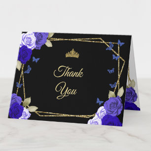 Elegante schwarze goldene blaue Rosen Quinceanera Dankeskarte