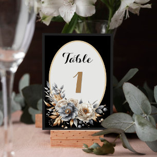 Elegante schwarze goldene Blumen-Hochzeitstisch-Nu Tischnummer