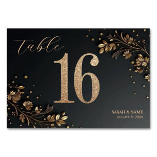 Elegante schwarze goldene Blumen-Hochzeitstischkar Tischnummer