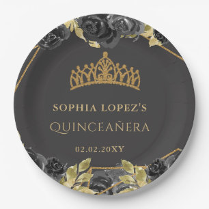 Elegante schwarze goldene Blumen-Tiara Quinceanera Pappteller