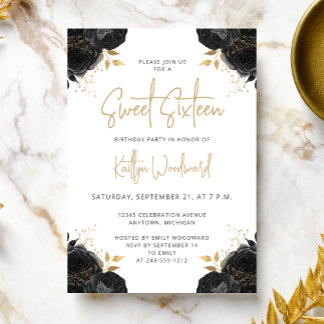 Elegante schwarze goldene Blumen weiße Sweet 16 Pa Einladung