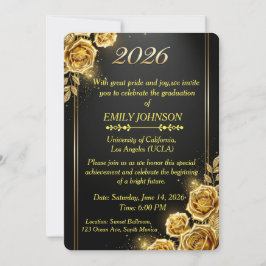 Elegante schwarze goldene Blumenrosen Abschlussfei Einladung