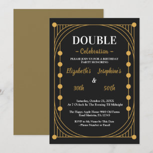 Elegante schwarze goldene doppelte Geburtstagsfeie Einladung