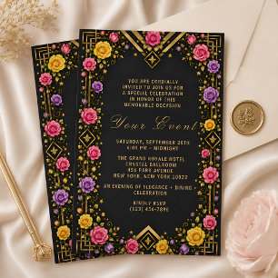 Elegante schwarze goldene Floral-Gala  Einladung