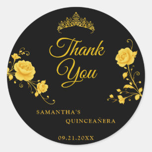Elegante Schwarze Goldene Florale Quinceañera Dank Runder Aufkleber