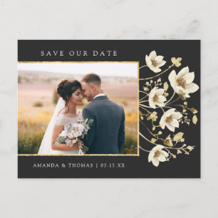 Elegante schwarze goldene Foto-Hochzeit Termin vor Ankündigungspostkarte
