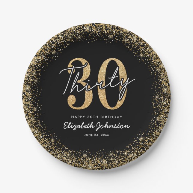 Elegante schwarze goldene Geburtstagspapierteller  Pappteller (Vorderseite)
