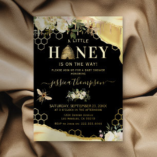 Elegante schwarze goldene Honigbiene-Baby-Party Folieneinladung