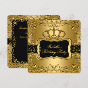 Elegante schwarze goldene Kronen-Blumen-Geburtstag Einladung