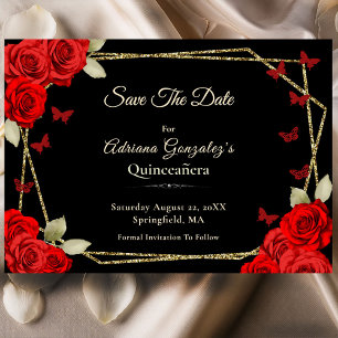 Elegante Schwarze Goldene Rote Rosen Quinceanera Save The Date