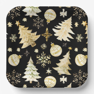 Elegante schwarze goldene Schneeflocken Weihnachts Pappteller