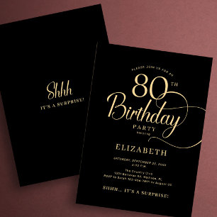 Elegante schwarze goldene Schrift Überraschung 80. Einladung