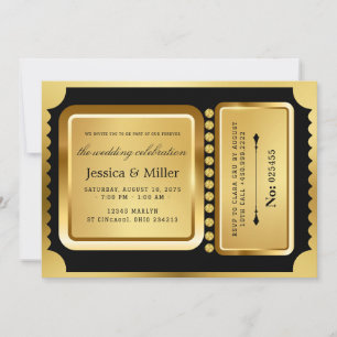 Elegante schwarze & goldene Ticket-Hochzeitseinlad Einladung