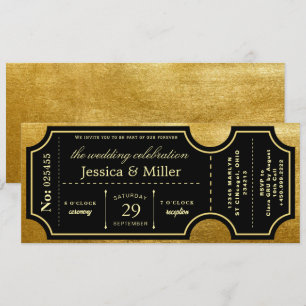 Elegante schwarze & goldene Ticket-Hochzeitseinlad Einladung