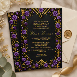 Elegante schwarze goldene violette Rose Einladung