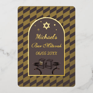 Elegante schwarze goldgeometrische Bar-Mizwa-Tefil Folieneinladung