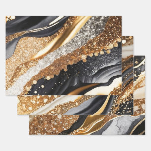 Elegante schwarze Goldmarmor-Glitter-Abstrakte Kun Geschenkpapier Set