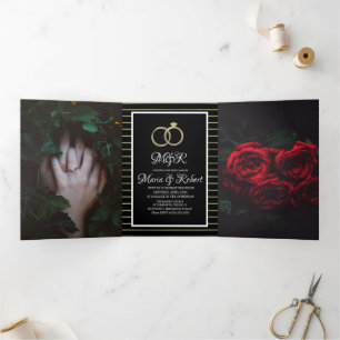 Elegante schwarze Goldstreifen Folienhochzeit Dreifach Gefaltete Einladung