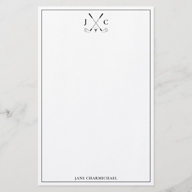 Elegante schwarze Golf-Monogramm-Korrespondenz Briefpapier (Vorderseite)