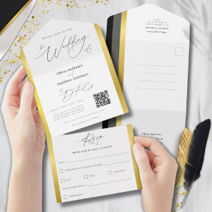 Elegante schwarze graue goldene Streifen Hochzeit All In One Einladung