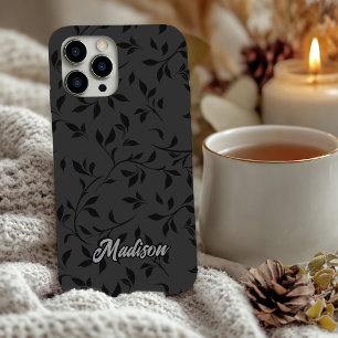 Elegante schwarze graue Monogramm Botanik Blätter iPhone 16 Hülle