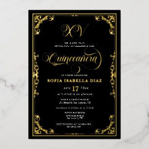 Elegante schwarze Grenze Quinceañera Gold oder Sil Folieneinladung