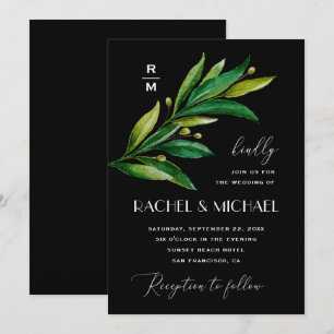 Elegante schwarze grüne Hochzeit. Wasserfarbe Grün Einladung