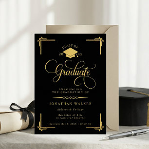 Elegante schwarze Hochschulabschlussfeier in Gold Ankündigung