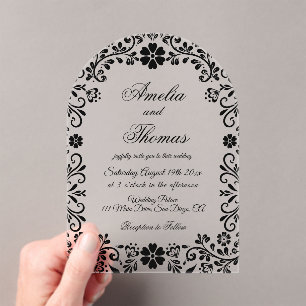 Elegante schwarze Hochzeit mit Blumen Acryleinladungen