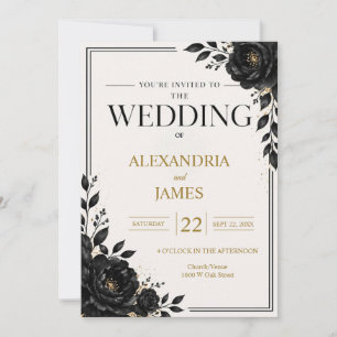 Elegante schwarze Hochzeit mit floralem Muster Einladung