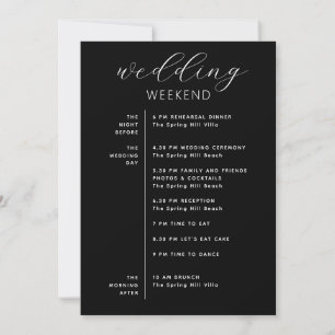 Elegante schwarze Hochzeitswochenend-Terminplan &  Einladung
