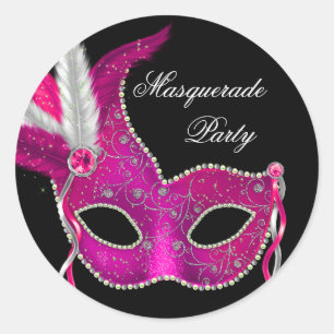 Elegante schwarze Hot-Pink-Masquerade-Party-Aufkle Runder Aufkleber
