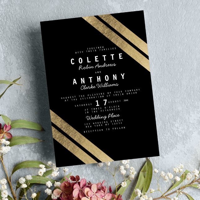 Elegante schwarze Imitate Gold Moderne Streifen Ho Einladung (Elegant black faux gold modern stripes wedding invitation )