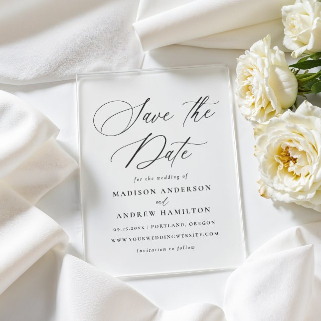 Elegante Schwarze Kalligrafie Hochzeit retten die  Acryleinladungen (Von Creator hochgeladen)