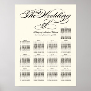 Elegante schwarze Kalligrafie-Hochzeitssitzordnung Poster