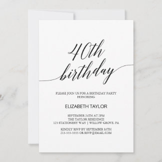 Elegante Schwarze Kalligraphie 40. Geburtstag Einladung