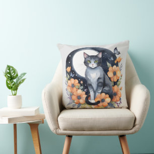 Elegante Schwarze Katze Blumenmoon Kunst, Dichtung Kissen