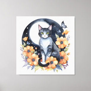 Elegante Schwarze Katze Blumenmoon Kunst, Dichtung Leinwanddruck