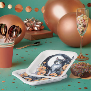 Elegante Schwarze Katze Blumenmoon Kunst, Dichtung Pappteller