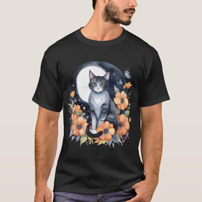 Elegante Schwarze Katze Blumenmoon Kunst, Dichtung T-Shirt (Vorderseite)