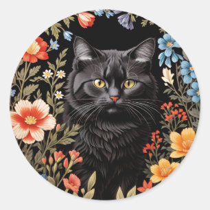 Elegante schwarze Katze, bunte Blumen Runder Aufkleber
