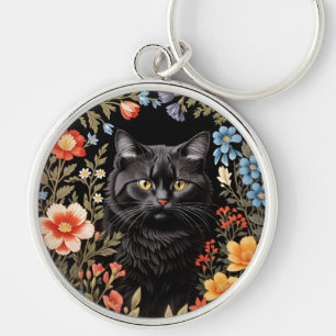 Elegante schwarze Katze bunte Blumenmuster Schlüsselanhänger