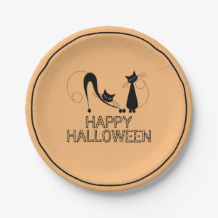 Elegante schwarze Katze, glückliches Halloween Pappteller