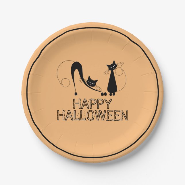 Elegante schwarze Katze, glückliches Halloween Pappteller (Vorderseite)