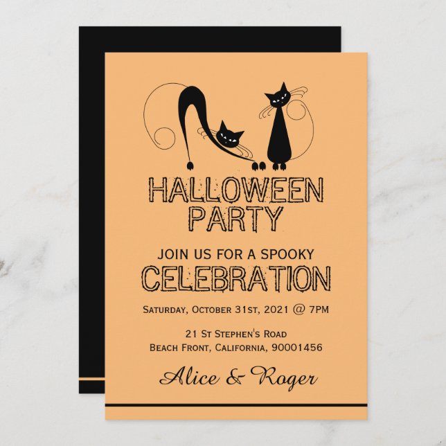 Elegante Schwarze Katze, Halloween-Party Einladung (Vorne/Hinten)