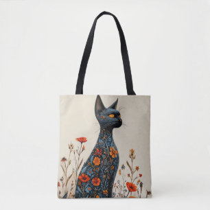 Elegante schwarze Katze mit Blumen Ästhetik