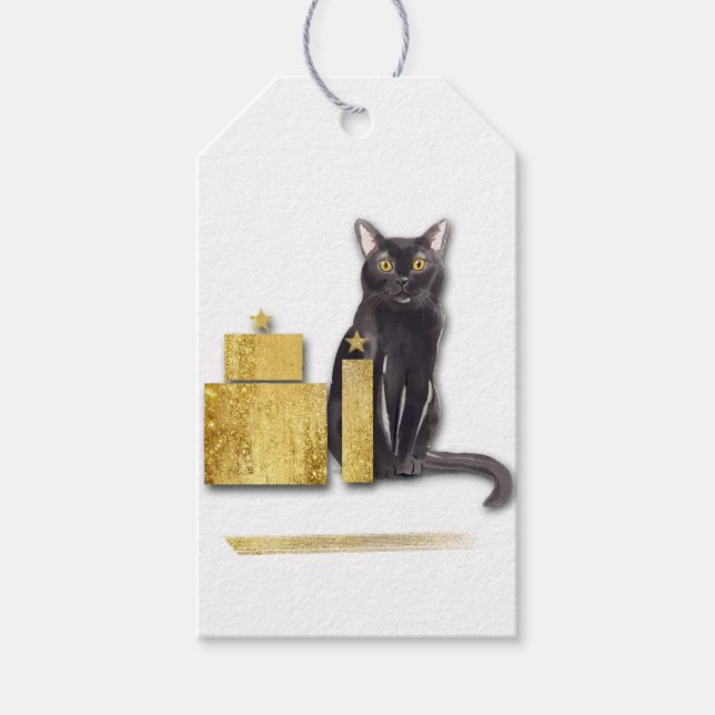 Elegante schwarze Katze mit goldenen Geschenken au Geschenkanhänger (Vorderseite)