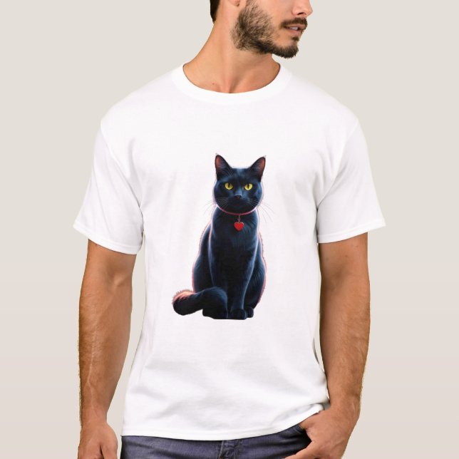 Elegante schwarze Katze mit Herzarm T-Shirt (Vorderseite)