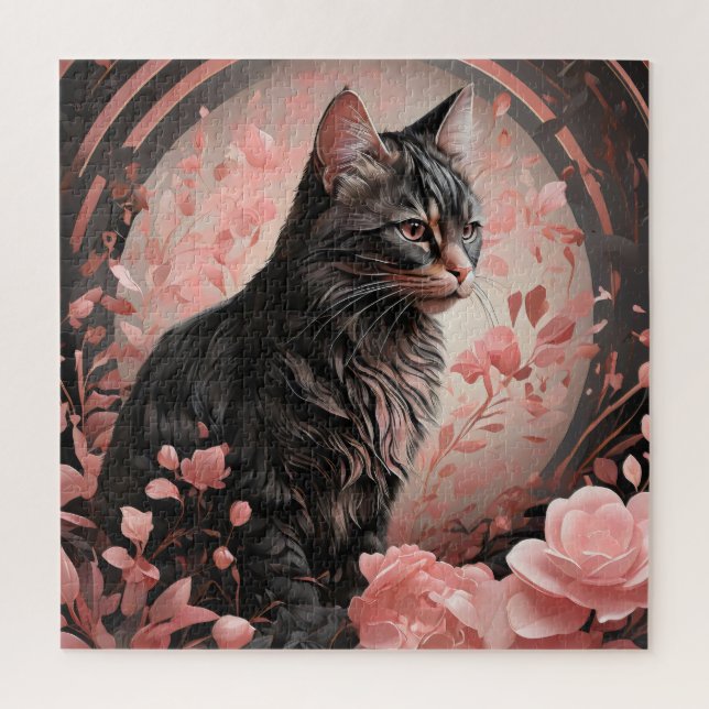 Elegante schwarze Katze umgeben von rosa Blume Puzzle (Vertikal)