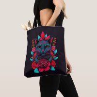 Elegante schwarze Katze umgeben von Rote Rosen |